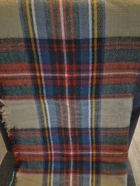 Simons Plaid Fringe Scarf in Beige, Red, Blue, Green